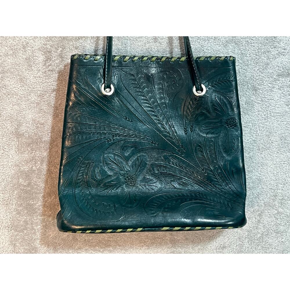 Tooled Leather Purse Green Floral Handmade in Paraguay Handmade Boho Western - Picture 4 of 9